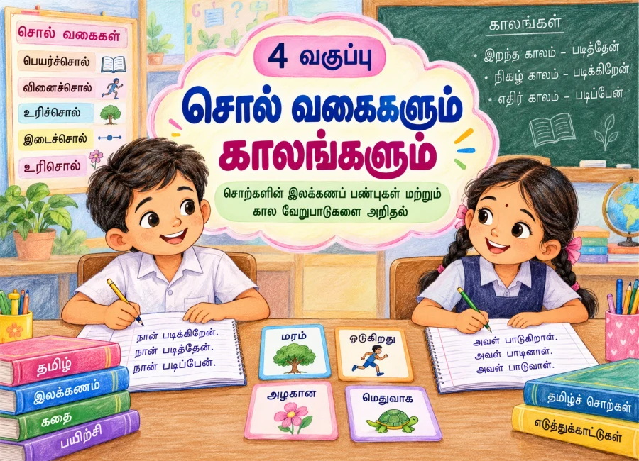 4 வகுப்பு சொல் வகைகளும் காலங்களும் சொற்களின் இலக்கணப் பண்புகள் மற்றும் கால வேறுபாடுகளை அறிதல்.